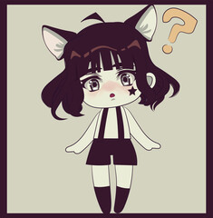 Chibi girl with cat ears and short dark hair. Retro style poster