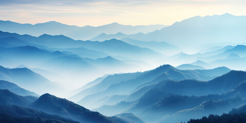 Foggy landscape with mountains and blue sky. created with generative AI technology.