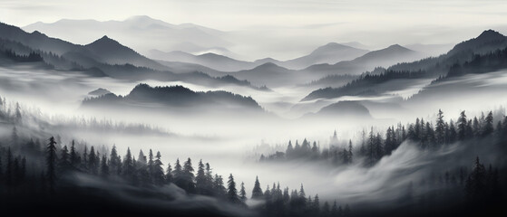 Obraz premium Foggy landscape with mountains. black and white. created with generative AI technology.