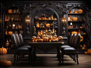 Halloween Dining Room Interior, Mockups Design 3D, High-quality Mockups, Generative Ai