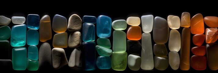 Colorful sea beach stones, transparent minerals, gravel, blue and orange pebbles, set isolated on black background. Abstract wallpaper, texture. Panoramic banner. Image is AI generated.