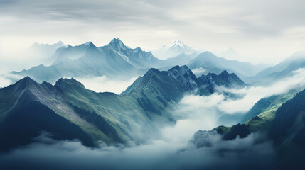 Naklejka na ściany i meble Mountain range with visible silhouettes through the morning fog. generative AI image.