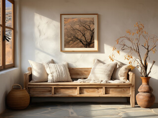 Home interior mock-up with old bench Scandinavian, Mockups Design 3D, High-quality Mockups, Generative Ai
