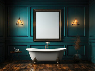 Mockup frame in dark blue bedroom interior background, Mockups Design 3D, High-quality Mockups, Generative Ai