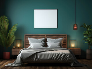 Mockup frame in dark blue bedroom interior background, Mockups Design 3D, High-quality Mockups, Generative Ai
