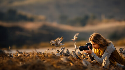 Fotografin in der Natur fotografiert die Tierwelt, ai generativ