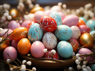 Pile of colorful easter eggs, Generative Ai