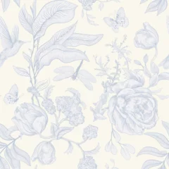 Gardinen Seamless monochrome pattern with flowers. Wallpaper. Background with sketch climbing flowers. Retro graceful style. Design for textile, wallpaper, bed linen, paper, invitation, cover. Floral backdrop © sunny_lion
