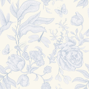 Seamless monochrome pattern with flowers. Wallpaper. Background with sketch climbing flowers. Retro graceful style. Design for textile, wallpaper, bed linen, paper, invitation, cover. Floral backdrop