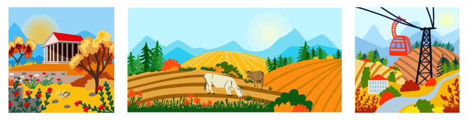Set of cozy vector illustrations of autumn landscapes in the mountains. Ancient Greek pagan temple, on the background of autumn mountains, cute cows and a funicular hand drawn flat style. - obrazy, fototapety, plakaty