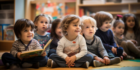 Kinder im Kindergarten haben Spaß und sind interessiert an Lesestunde, ai generativ - obrazy, fototapety, plakaty