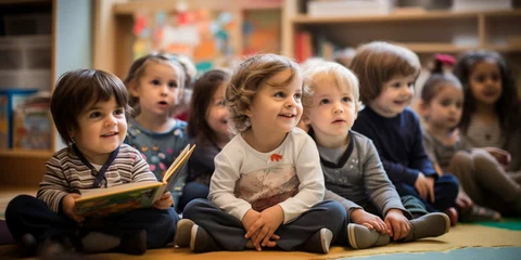 Fotobehang Kinder im Kindergarten haben Spaß und sind interessiert an Lesestunde, ai generativ © www.freund-foto.de