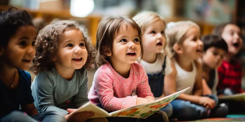 Fotobehang Kinder im Kindergarten haben Spaß und sind interessiert an Lesestunde, ai generativ © www.freund-foto.de