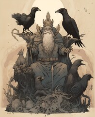 Fototapeta premium Odin, the Allfather, sitting on his high throne in Asgard, accompanied by ravens.