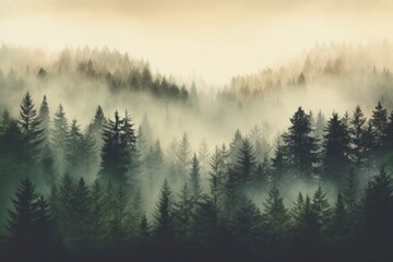 Enchanting Mist Vintage Retro Hipster Style Fir Forest Landscape AI Generated