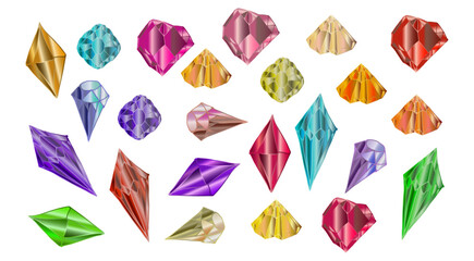 Set of colored crystals of sapphire, lapis lazuli, emerald, ruby, amethyst, topaz, cubic zirconia. Vector illustration of a collection of minerals isolated on a white background.Alternative medicine.