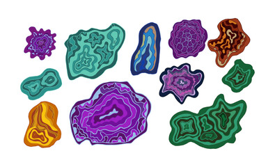 Set of colored crystals of sapphire, lapis lazuli, emerald, ruby, amethyst, topaz, cubic zirconia in the section. Vector illustration of a collection of minerals isolated . Alternative medicine.