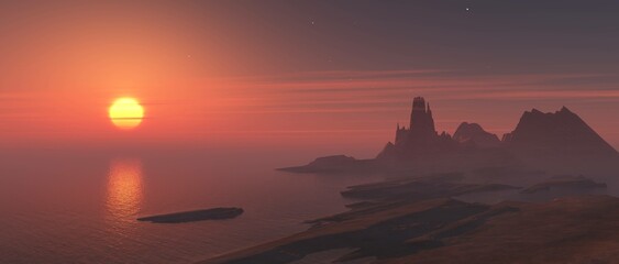 alien landscape, a panorama of a surface of another planet at sunrise,	3D rendering
