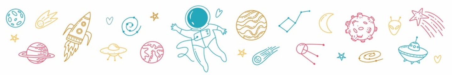 Horizontal illustration a set of space objects and symbols drawn by hand in the style of doodles