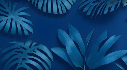 Fototapeta na wymiar Immersive 3D Tropical Leaves: Summer's Dark Blue Haven