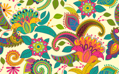 Bright colorful flowers design. Decorative flowers, paisley, plants wallpaper. Stylized big flowers print. Cartoon, hand drawn art. Indian textile, fabric. Decorative nature background. Summer batik - 619049901
