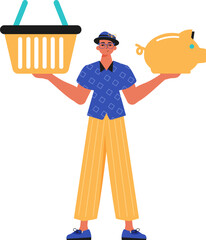 The Guy holds a piglet sediment and a workshop basket in his hired handwrite. Trendy style, Vector Illustration