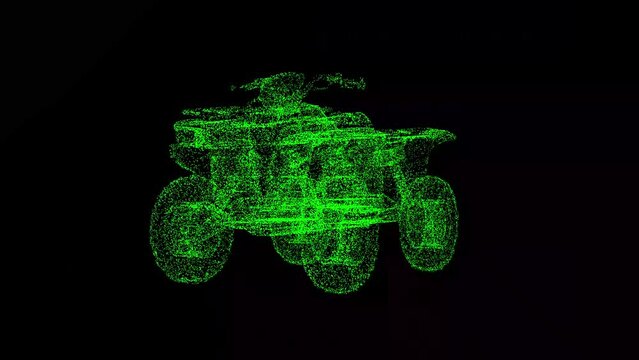 3D Quad bike rotates on black bg. Competitive sports concept. Off-road quad bike, four-wheeled motorcycle. Travel and adventure. For title, text, presentation. 3d animation 60 FPS