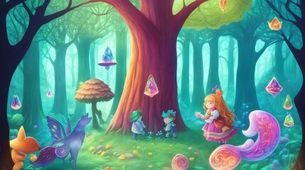 Obraz na płótnie Canvas Forest Kids Digital Wallpaper: Enchanting 3D Illustration for Whimsical Adventures
