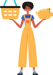 The girlfriend holds a hoggish depository fiscal trip and a stigmatize basket in his hand. Trendy style, Vector Illustration