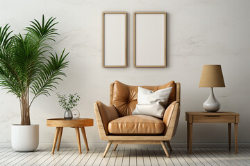 Blank picture frame mockup. White living room design. generative AI