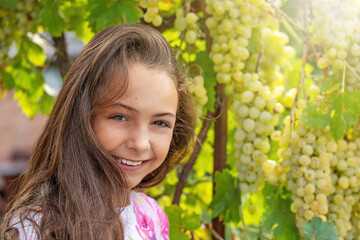 Smiling long haired pretty girl is posing in front of ripe  grapes in sunlight.  Horizontally.
