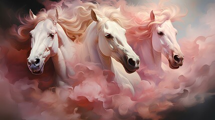 Obraz na płótnie Canvas Three white horses with pink clouds, Generative AI