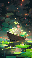 Little boy is sitting in a small boat, rowing in the lake with many lotus leaves on it. Concept of hot summer. Created with Generative AI technology. 