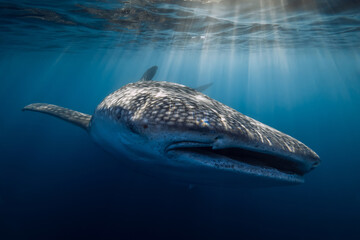 Underwater shot of a giant Whale Shark in ocean with sun rays