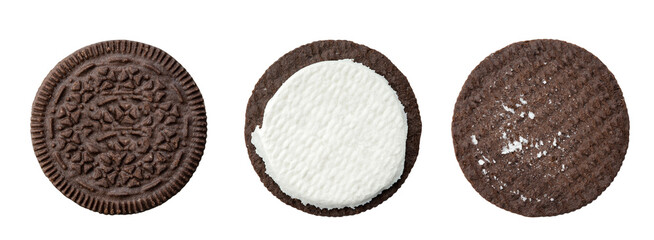 Sets chocolate cookies with cream filling isolated on white background. Oreo Biscuits.