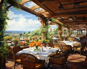 Fototapeta premium An empty Provencal-style outdoor restaurant in summer illustrated watercolor-style. (Illustration, Generative AI)