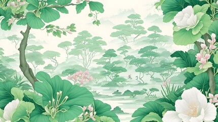 Dreamy Green Oasis: Watercolor 3D Chinoiserie Wallpaper