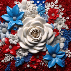 3d rendering of american flag with white, blue and red flowers