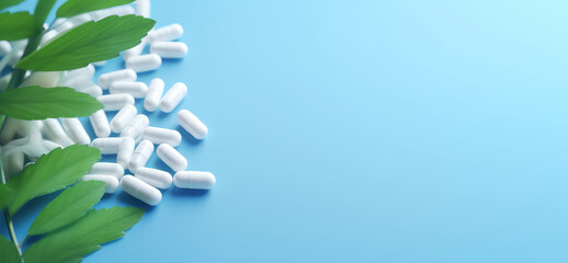 White capsules with green leaves isolated on light blue flat background with copy space, banner template. Creative concept of natural dietary supplements, ecological vitamins. Generative AI.