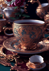 Obraz na płótnie Canvas tea coffee cup with hot tea , over victorian atmosphere, bohemian mood, photo style selective focus.