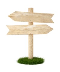 Two angled empty, blank wooden arrow signs on green grass patch with room for text, wooden board direction signs template isolated on white background