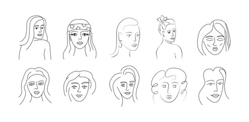 Modern linear woman faces. Doodle female characters. Contemporary line art. Sticker, tattoo, logo, emblem design.