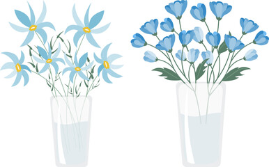 Set of blue flower bouquets, glass vase with meadow flowers, flower gift.