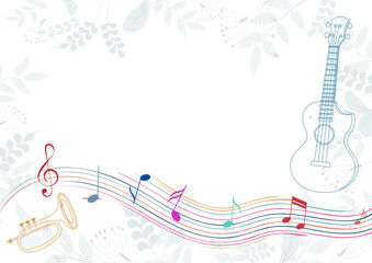 Music Design. Trumpet and guitar with musical wave and leaves. For concerts, music, presentations, certificates.