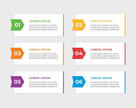Timeline infographic design. Colourful infographic steps with text boxes. Business concept with 6 steps.