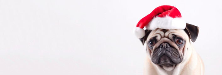 Pug dog wearing Santa's hat. Christmas time concept. Banner. Copy space. Generative Ai technology.