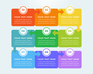Timeline infographic design. Colourful infographic steps with text boxes. Business concept with 9 steps.