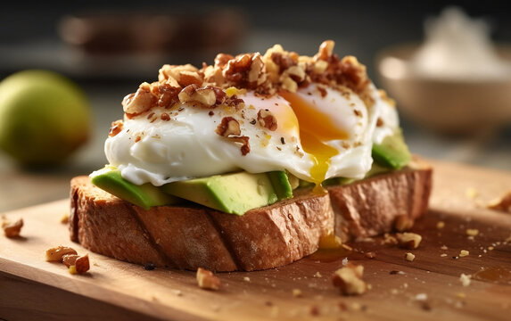 Healthy breakfast with Avocado Toast with meat and Poached Egg. Served on a Wooden cutting board. Close-up, selective focus.