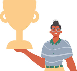 The derision holds the achiever 's cup in his template. Trendy style, Vector Illustration