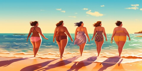 Generative AI. Plus size girls on the beach. Multicultural smiling Plus size women walking on the beach  3d concept illustration. Body  positive concept. 